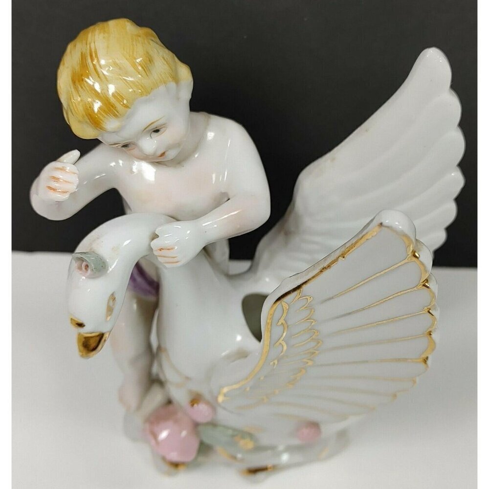 Vintage Ucagco Porcelain Cherub & Swan Figurine With Gold Accents Flower Vase